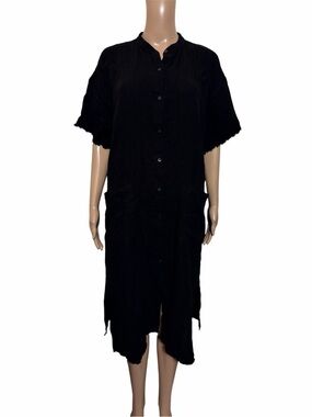Eileen Fisher Black Textured Gauze Midi Dress Frayed Hem